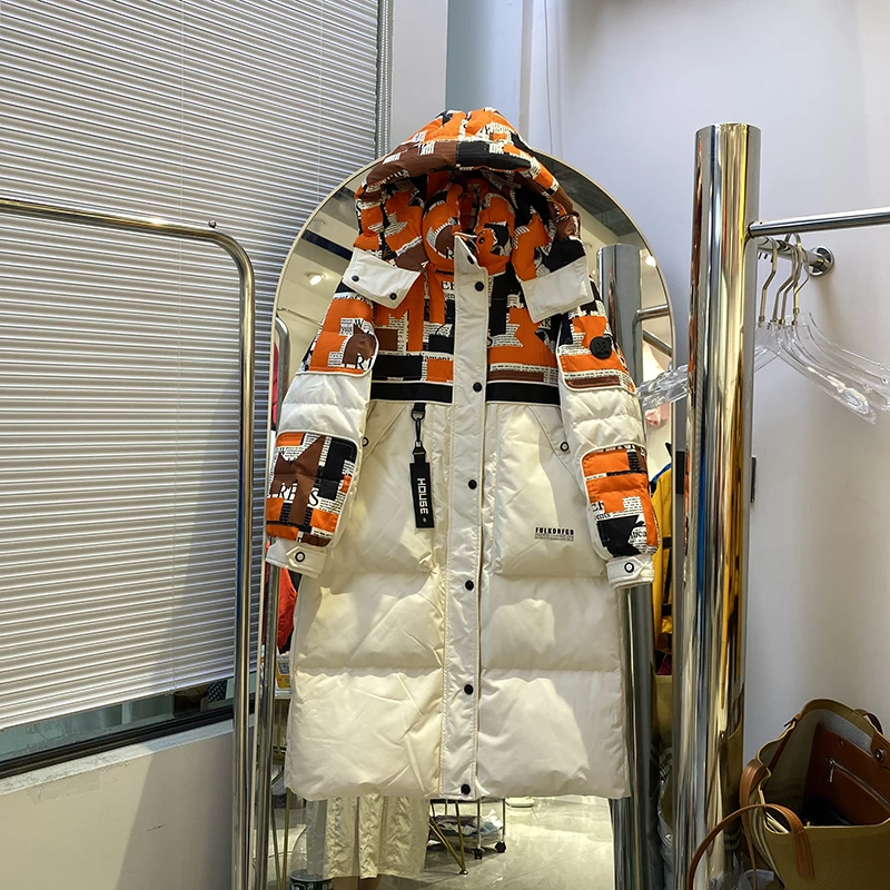 Winter Long Letter Print Hooded Parker Down Jacket Female Big Pocket Warm Knee Length Outwears Women White Duck Down Jacket Coat