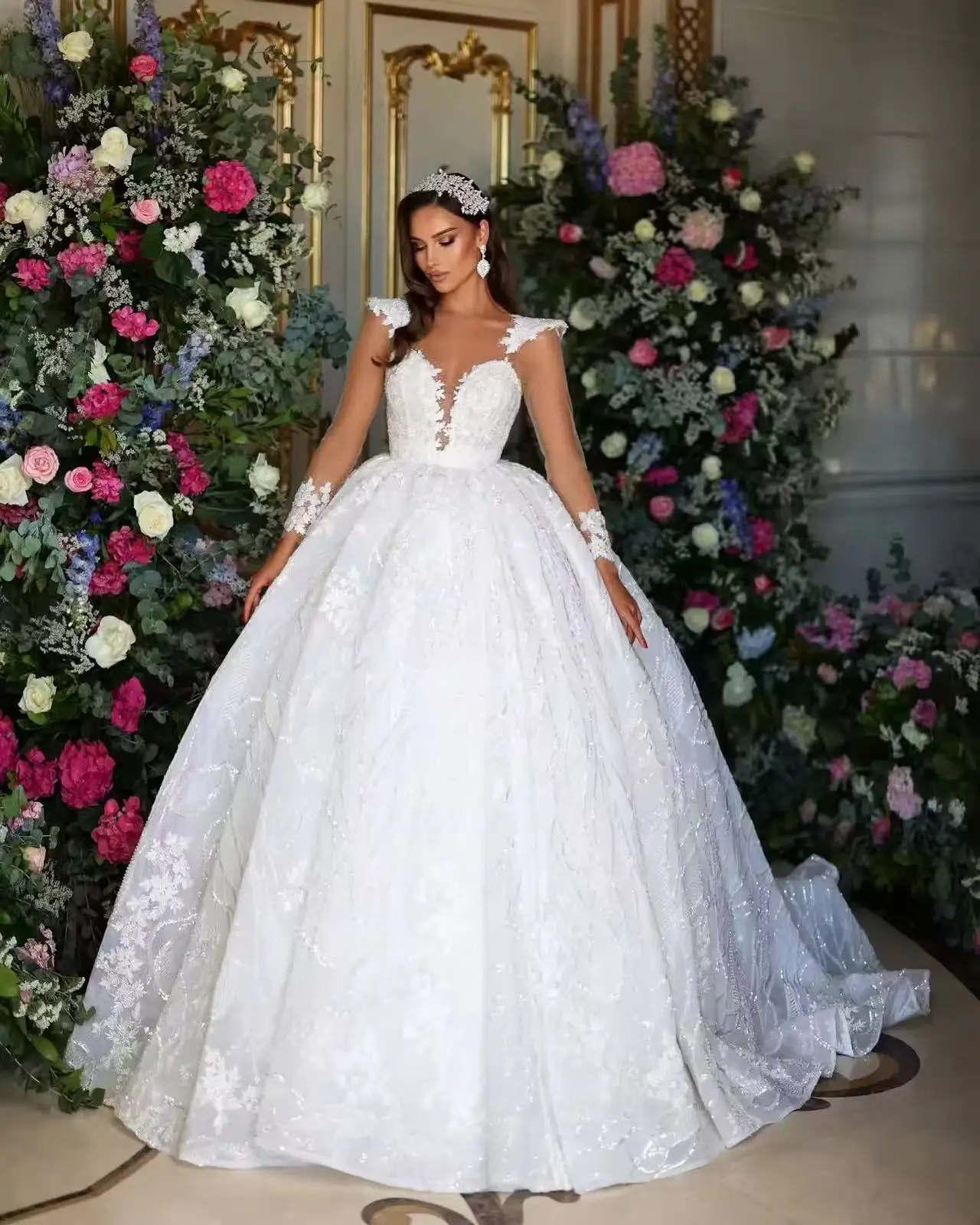 أنيقة الأميرة الكرة ثوب للنساء فساتين الزفاف الخامس الرقبة الدانتيل زين الزفاف الكرة ثوب vestidos de novias مخصص #1