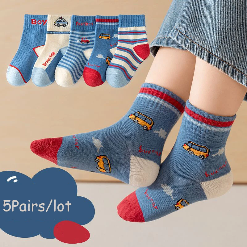 5 Pairs Kids Boys Socks Cartoon Car Bus Pattern Mid-Calf Socks Soft Breathable Children Socks for Toddler 1-12Y All Season