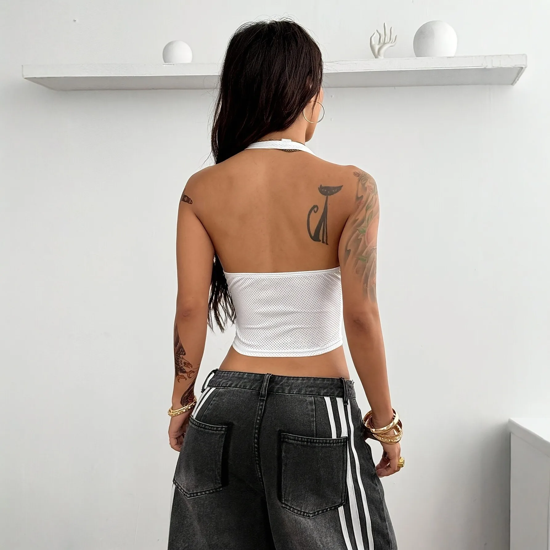 Mesh Halter Crop Tops Woman Sexy Summer Bandage Backless Patchwork Number Print Swing Collar Party Streetwear Skinny Vest