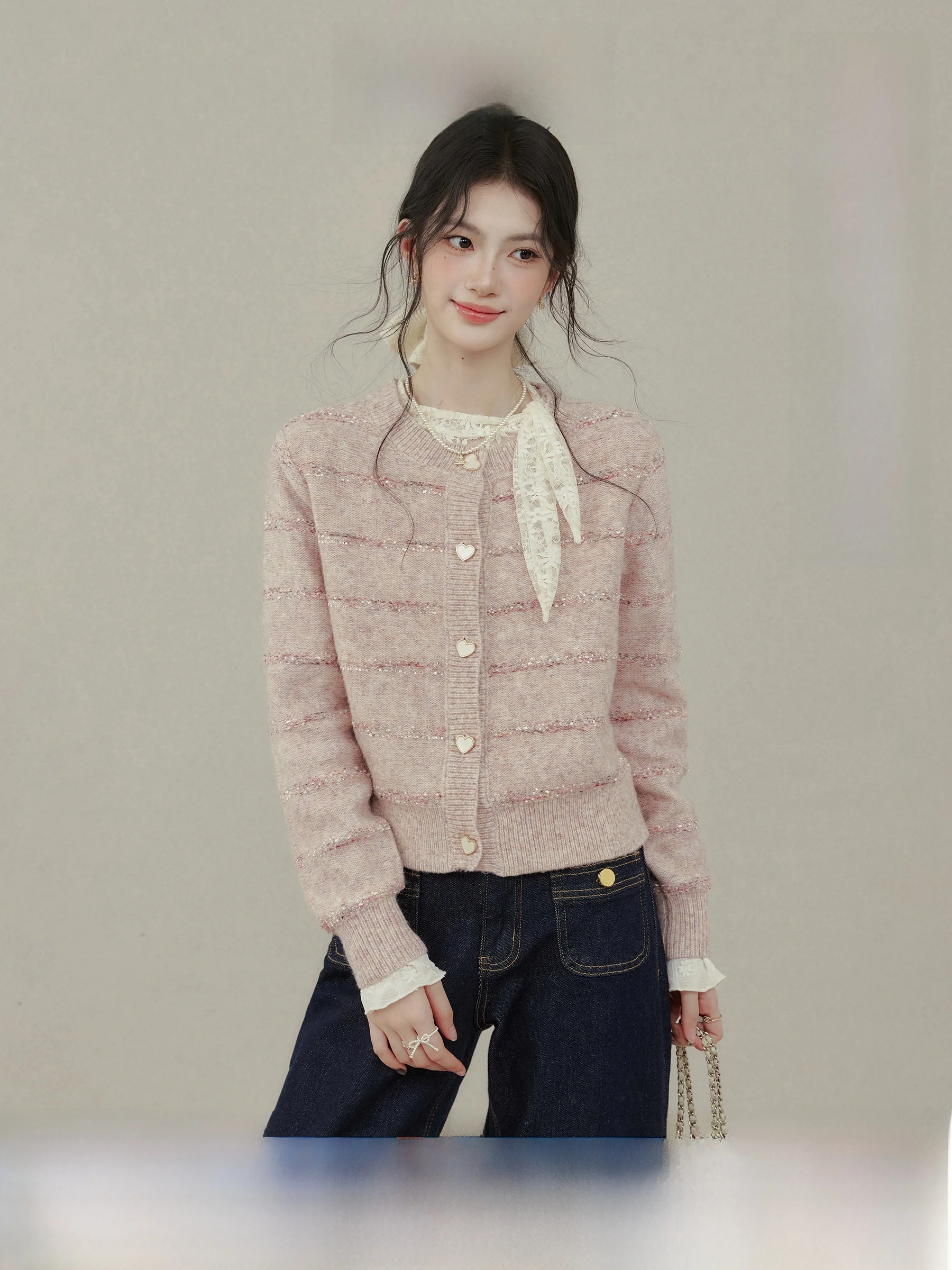 

Ele Pink Knitted Open Cardigan Women's Faion Autumn New Arrival Soft Cozy Sweater Outerwear by Wang Ou Xixi