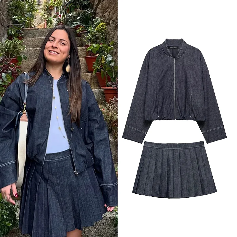 

Женская плиссированная юбка, комплект из 2 предметов, осенняя женская джинсовая куртка-бомбер, высокая уличная боковая молния, сексуальная короткая юбка, комплект женской одежды