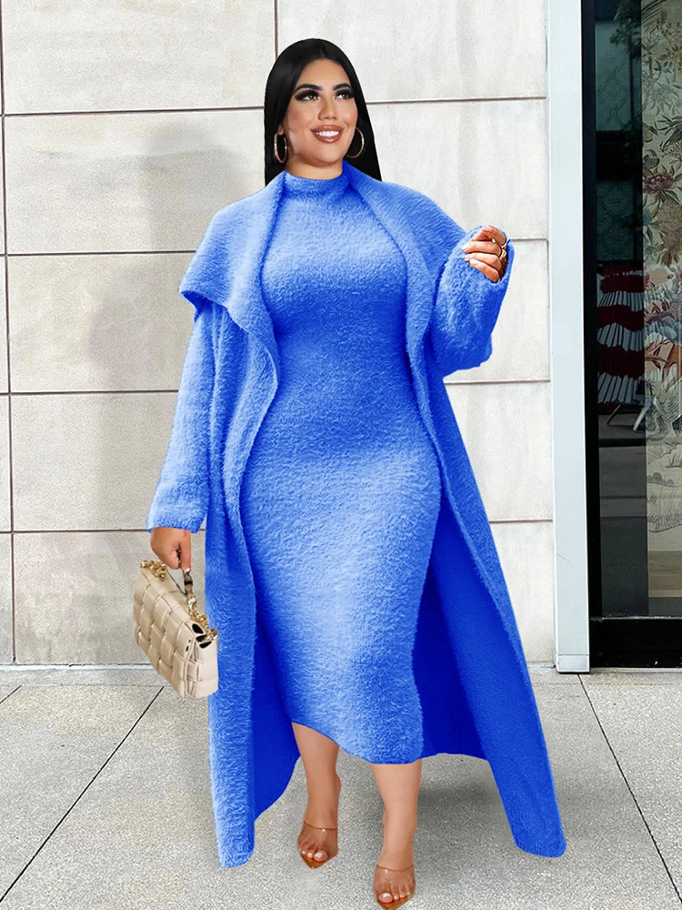 Plus Size Women Clothing Winter Outwear Long Sleeve Thick Overcoat with Dress Two Piece Ladies Large Matching Sets Fleece Suit