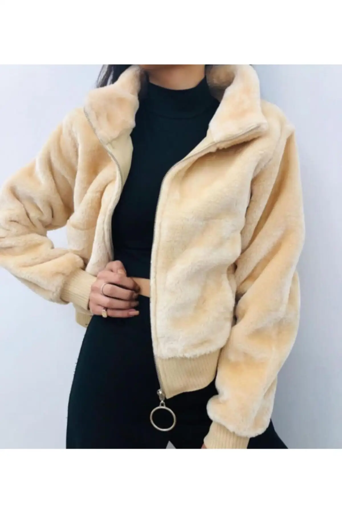 Frauen Mäntel Creme Farbe Plüsch Langarm Dicken Reißverschluss Stilvolle Elegante Bequem 2021 Winter Herbst Mode Oberbekleidung Mäntel