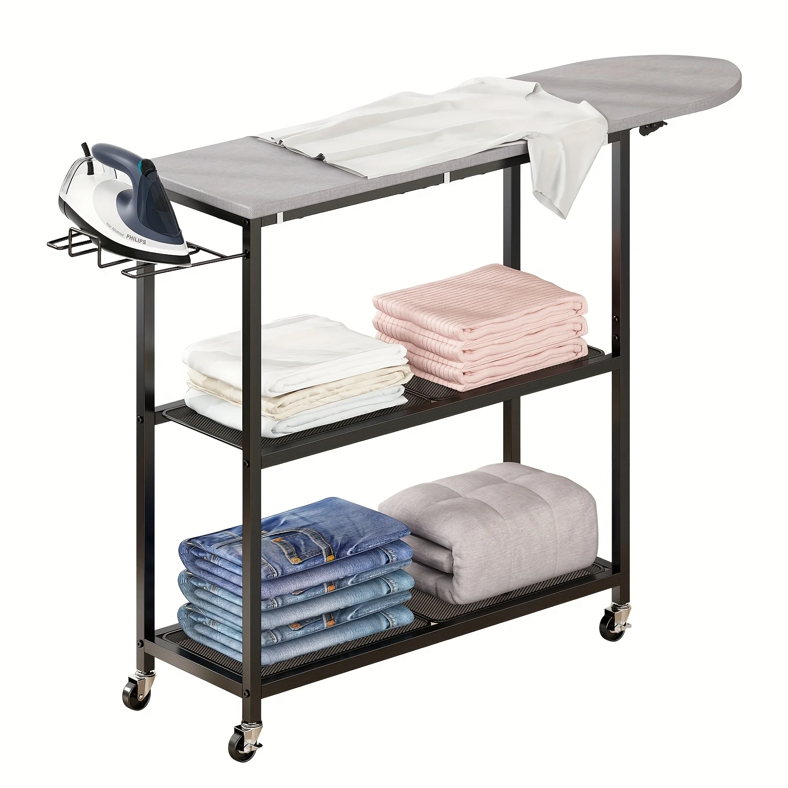 Three Layers Ironing Board Cart with Two Layers Of Shelves,Three Layers Of Movable Ironing Boards,And Multiple Of Shelves