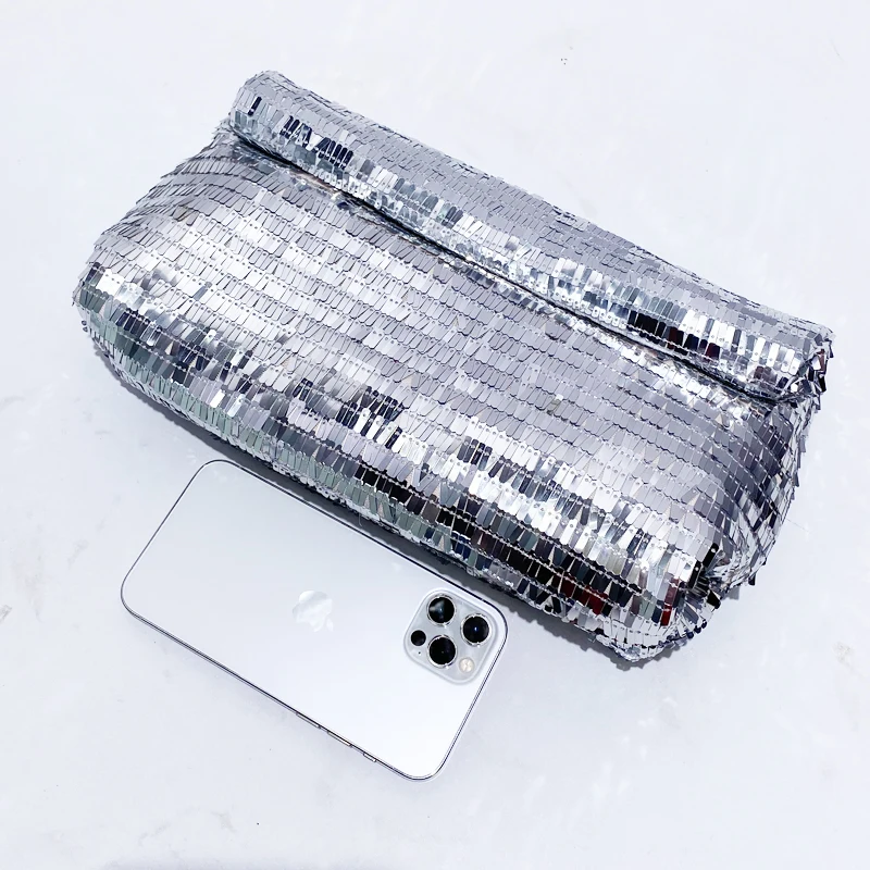 Silver Sequin Evening Clutch Party Messenger Bag For Women Luxury Designer Handbag Purse 2024 New In Fashion Shiny Money Wallet