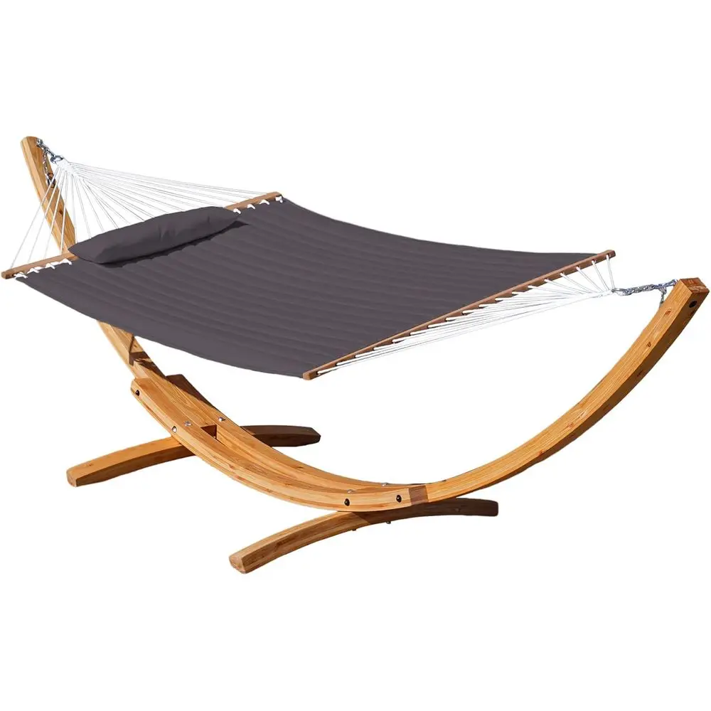 

Double Layer Quilted Fabric Hammock with Natural Wood Arc Stand, Spreader Bar, Removable Pillow, 2-Person Outdoor Patio, 450 lbs