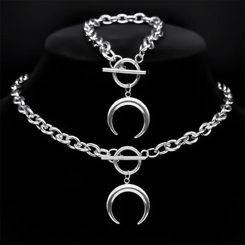 Witch Crescent Moon Pendant Necklace Bracelet for Women Men Stainless Steel Simple Clavicle Chain Aesthetic Jewelry Set