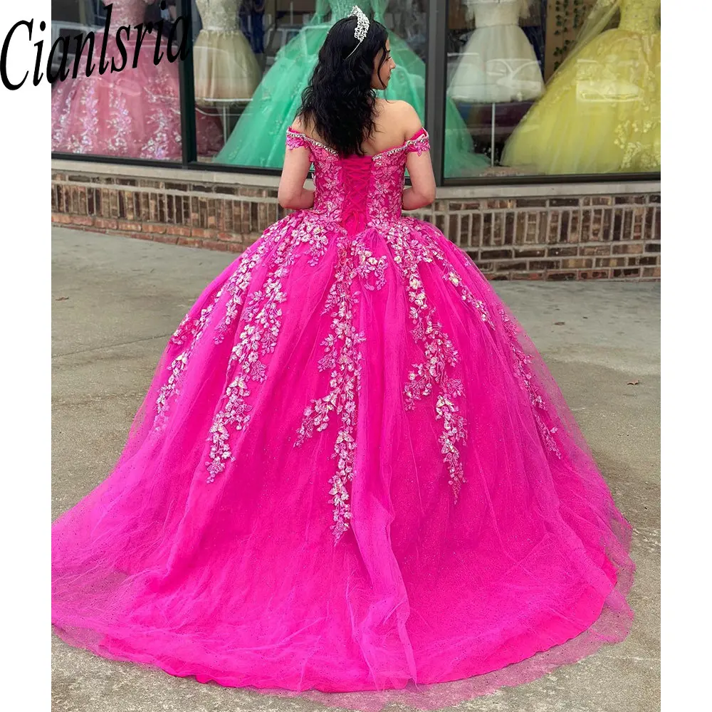 Vestido De baile fucsia con cuentas De cristal y hombros descubiertos, quinceañera, apliques De lentejuelas, corsé De encaje, 15 Años