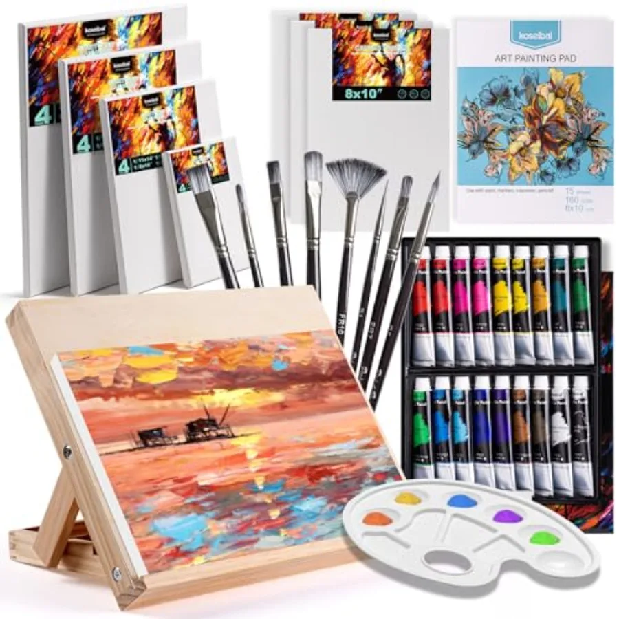 

Acrylic Art Set with 18 Acrylic Paints 8 Brushes 4 Stretched Canvas 1Wooden Easel Etc Premium Painting Supplies Kit for Student