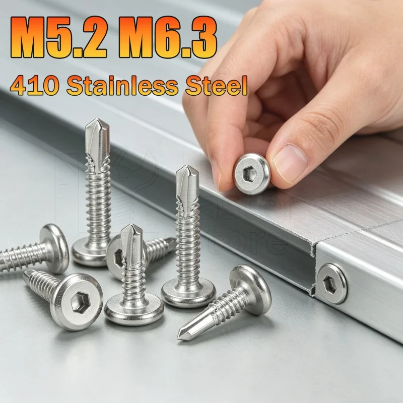 10~100pcs M5.5 M6.3 410 Stainless Steel Flat Head Hexagonal Drill Tail Self-tapping Screw Dovetail Guardrail Screw for Ironplate