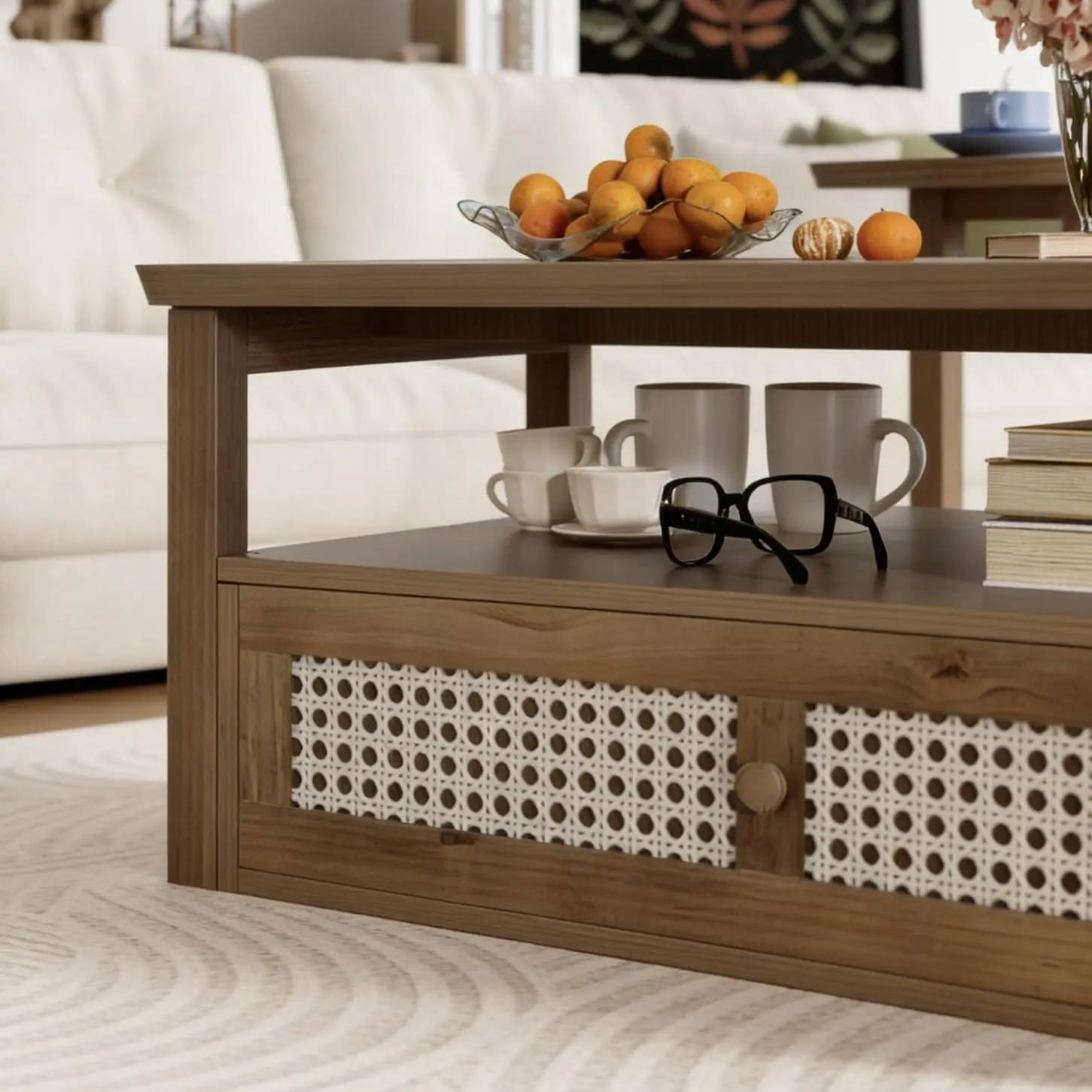 طاولة قهوة خشبية متداخلة حديثة، درج طاولة جانبية مرتفع ومنخفض من قطعة واحدة، طاولة جانبية من الخشب الريفي للتخزين بطبقتين