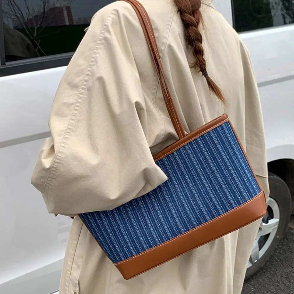 

Large Capacity Denim Splicing Tote Bag Handbag All-match Simple Shoulder Bag Storage Bag Korean Style Ins Square Tote Bag