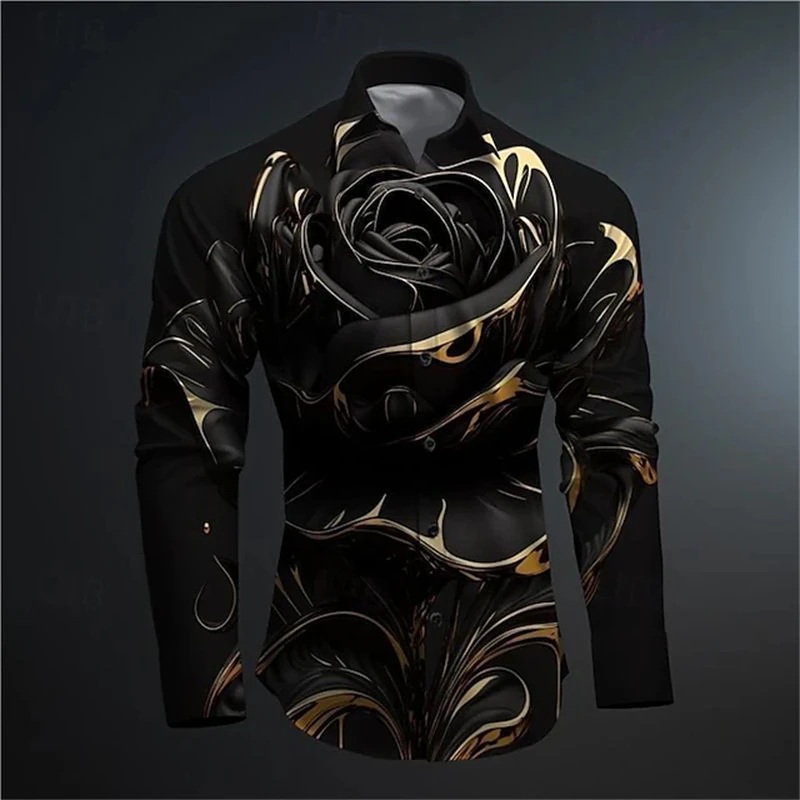 

Men's Rose Printed Long Sleeve Lapel Shirt Outdoor Street Button Printed Tops Fashion Designer Casual Breathable Spring & Fall