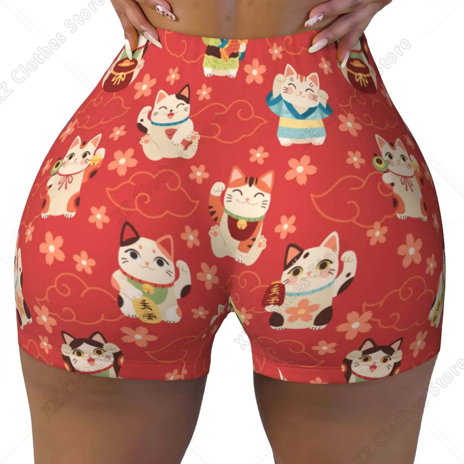

Японские шорты для тренировок с принтом кошек Манэки для женщин: бесшовные, мягкие, гладкие, для спортзала, йоги, с эффектом скранч, активные шорты