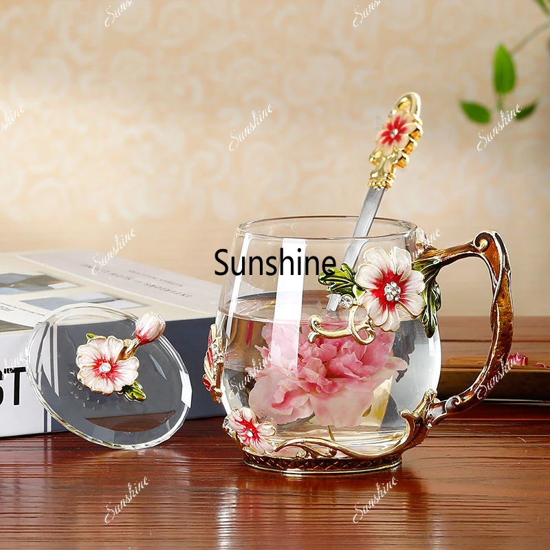 Beautiful Flower Tea Glass Mug Enamel Coffee Cup and Mug for Hot and Cold Drinks Home Tea Cup Spoon Set Perfect Gift for Mom