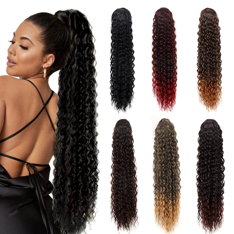 Afro Deep Curly Ponytail Hair Extension for Women 22inch Long Curly Drawstring Ponytail Black Synthetic Natural Puff Horse Tail