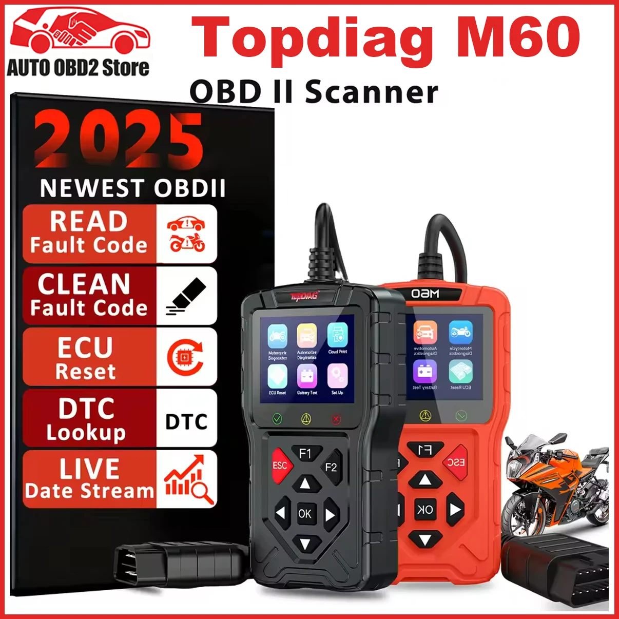 NEW Topdiag M60 OBD2 Scanner for Motorcycle and Vehicle Fault Code Read Free ECU Reset Automotive DTC Lookup Car Diagnostic Tool