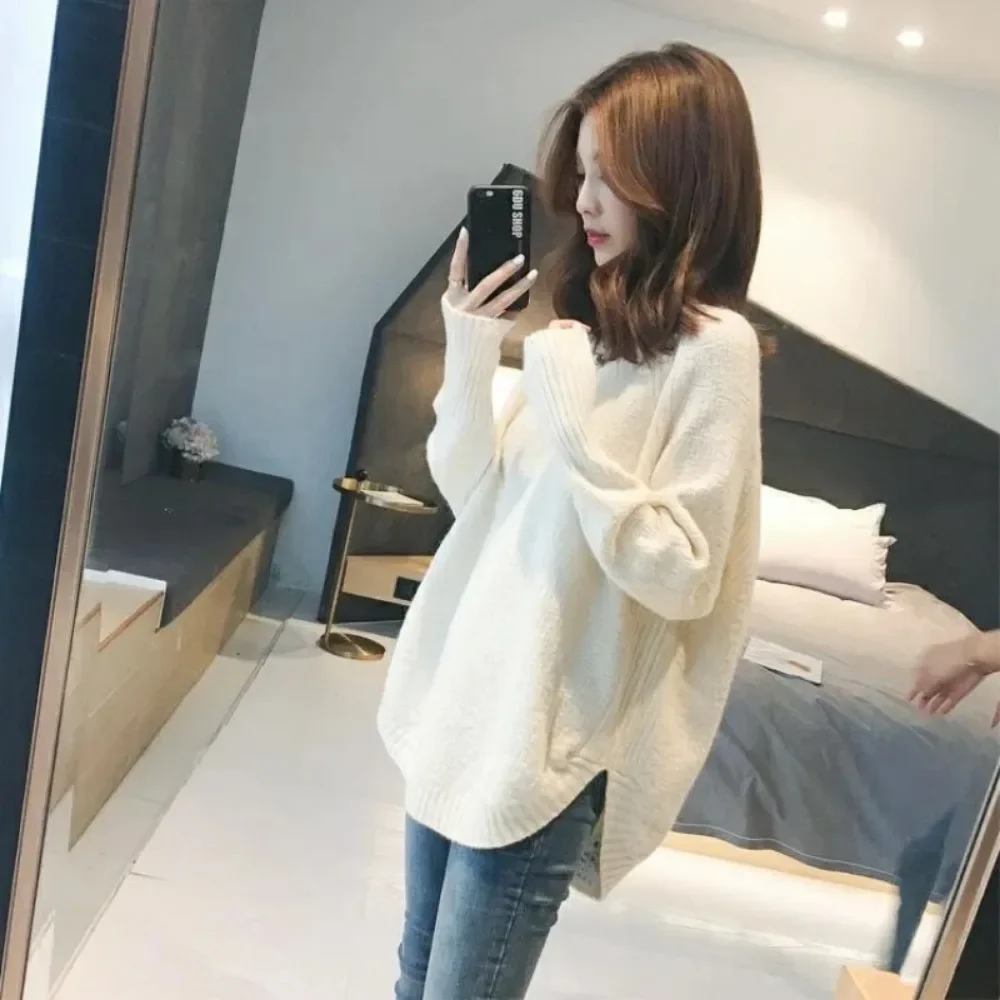 Korean-style Lazy Sweater Women 2024 Autumn Winter New Foreign-style Bottoming Sweater Loose Split Low-necked Slim Top