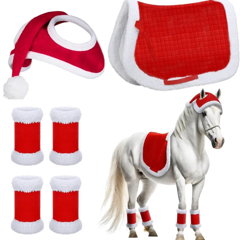 

Christmas Hat Sock Set Pet Horse Leg Warmers Horse Hat Saddle Standing Wrap Horse Legs Loose Comfortable Polyester Red Suit New