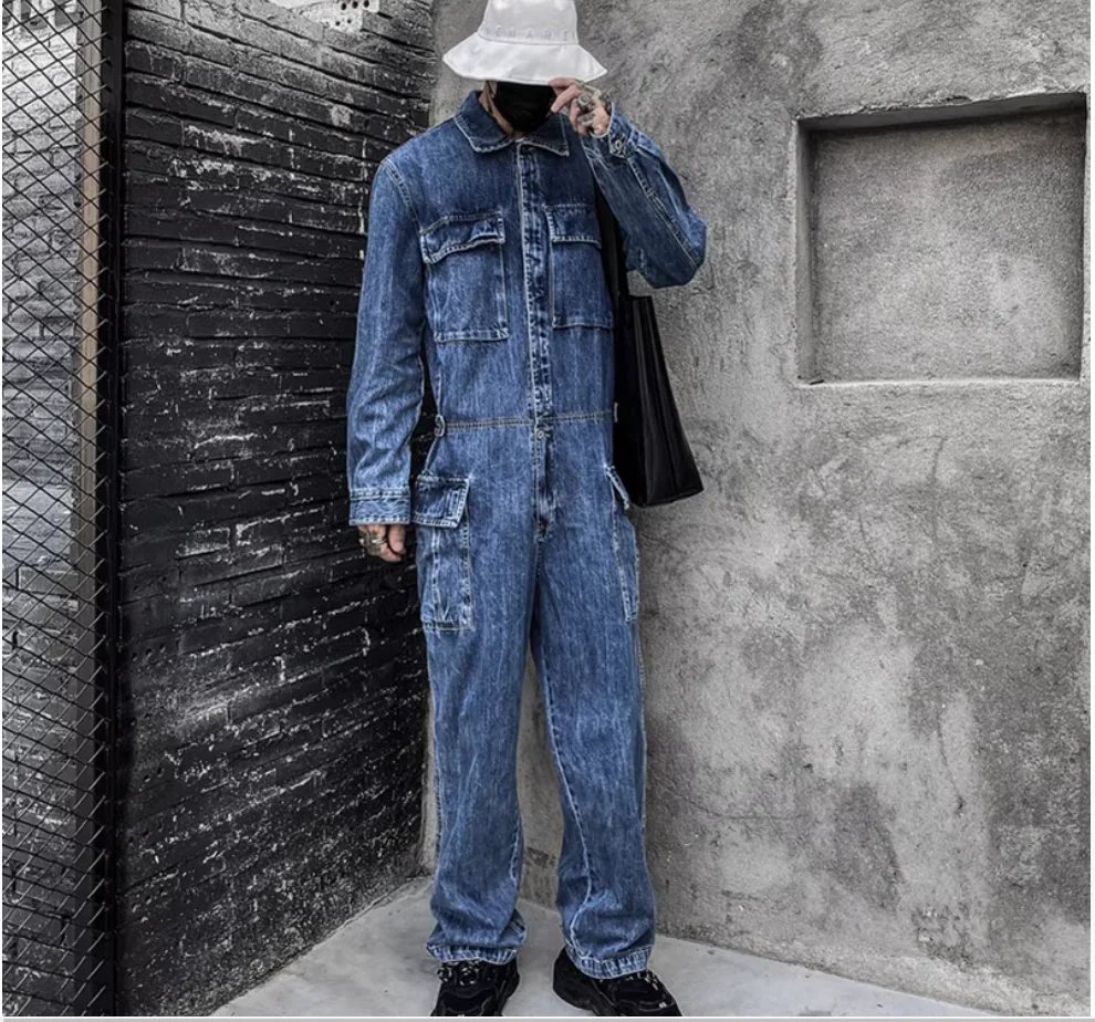 Mono de mezclilla holgado para peluquero, ropa de trabajo azul retro de moda japonesa para hombre