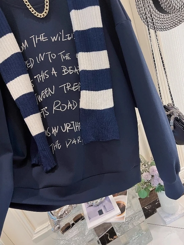 plus Size 300 Pou Fat MM Autumn Winter New Letter Print Knitted Sweater Stripe oulder awl Two Piece Set High End Feel