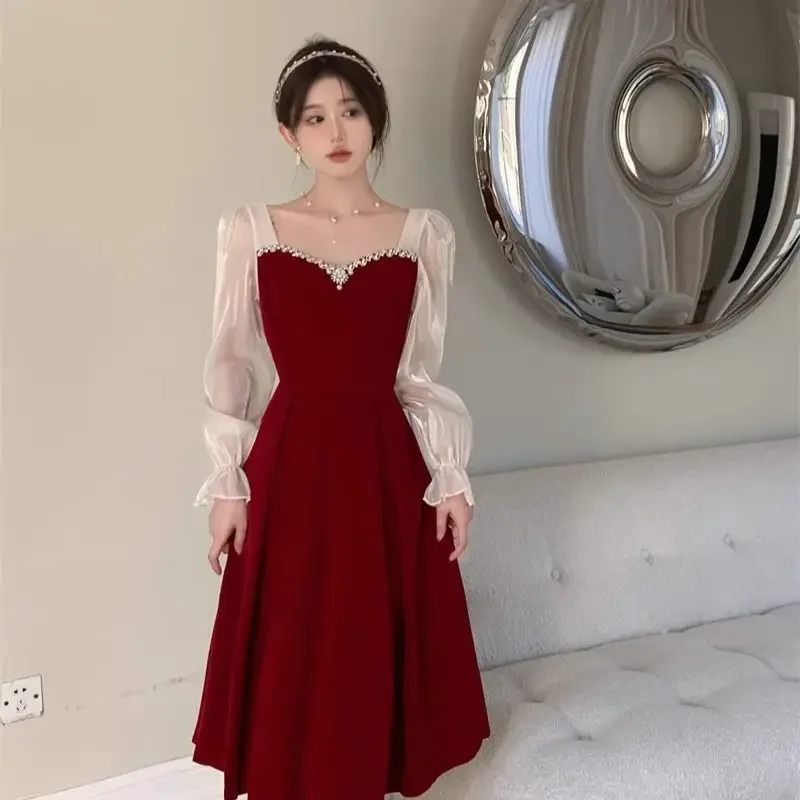 Toast Bridal Wine Red Winter Wedding Dresses for Women Autumn/Winter Luxury  Spliced Waist Slimming A-line Long Evening Dress