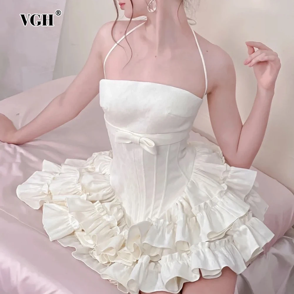 

VGH Temperament Spliced Bowknot Mini Dresses For Women Camisole Sleeveless Backless High Waist Sexy Dress Female Fashion Style