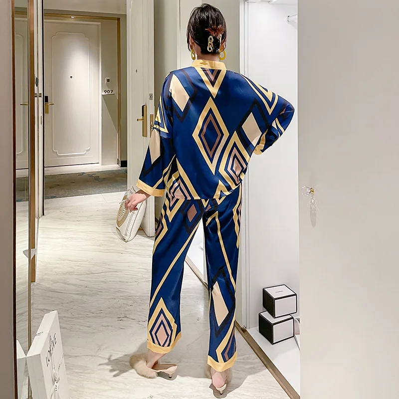 New Houndstooth Autumn Women's Pajamas Set Print Sleepwear Like Silk Nightie Leisure Long sleeve Button Homewear Nightwear Set