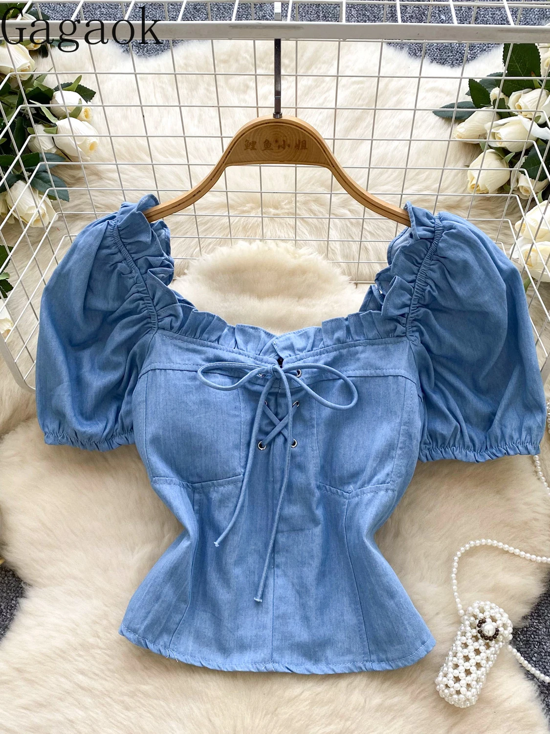 

Gagaok American Retro Women Shirt Spicy Girl French Style Square Neck Bubble Sleeve Denim Shirts Fungus Edge Straps Ladies Tops