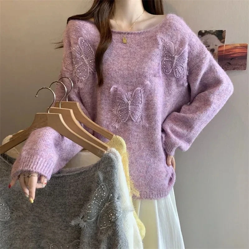 大きいサイズの女性用秋の美しいセーター2025新デザインセンス重厚な立体的な花柄の美しいニットトップベージュグレー