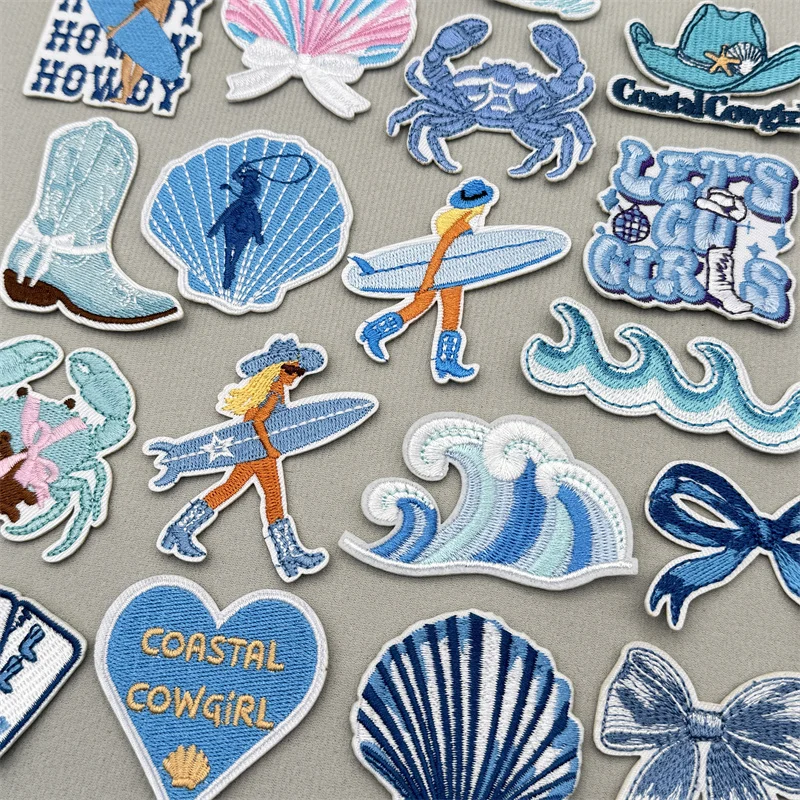 Sommer Blau Surfer Mädchen Shell Welle Bogen Eisen-auf Gestickte Abzeichen Patch DIY T-shirt Hut Rucksack Kleidung Aufkleber