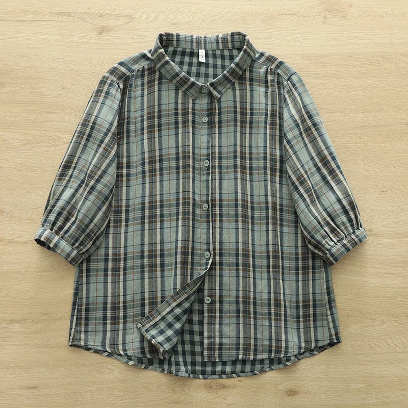 ใหม่2025ฤดูร้อนผ้าฝ้ายแขนสั้นเสื้อผู้หญิงTurn-Down Collarลายสก๊อตพิมพ์, Moriสาวสบายๆเสื้อหลวมวินเทจt54837CC