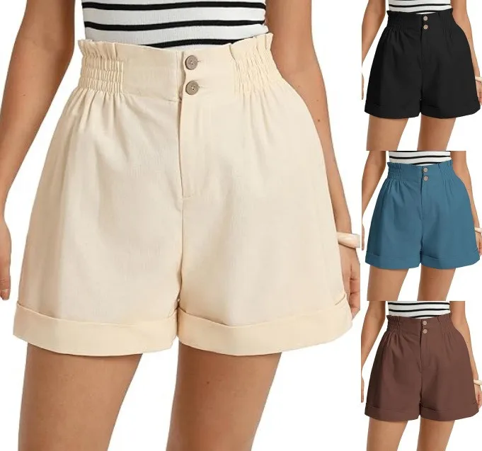 Women's Solid Color Elastic Waist Straight Leg Capri Shorts with Button Zipper Pockets for Travel Camping Streetwear Everyday