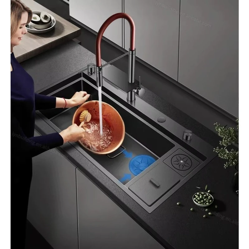 Stainless Steel Kitchen Sink Single Bowl with Cup Washer Waste Bin Nano Black Kitchen Sink Basin PX