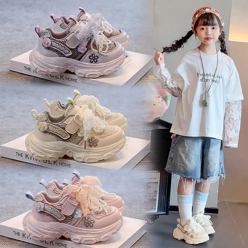 Girls Princess Sneakers Sweet Lace Beading Bows Children Sports Shoes Mesh Breathable 2025 Autumn New Kids Running Shoes Soft