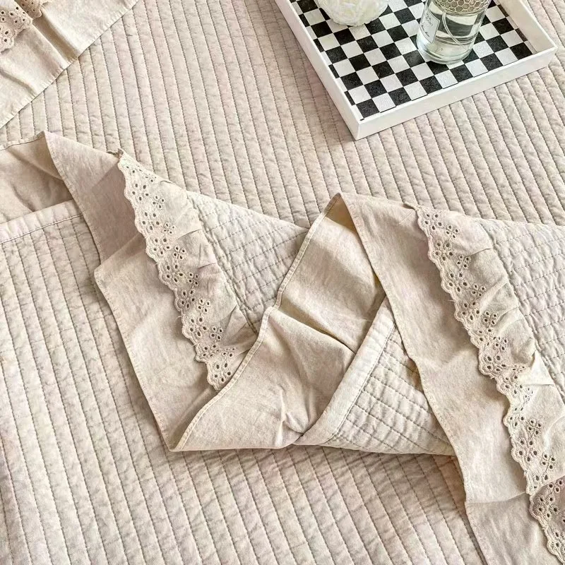 

Dense Quilted Sandwashed Cotton Bedspread Set 3PCS - Thick Double Ruffle Sheet & Lightweight All-Season Solid Color Soft Quilts