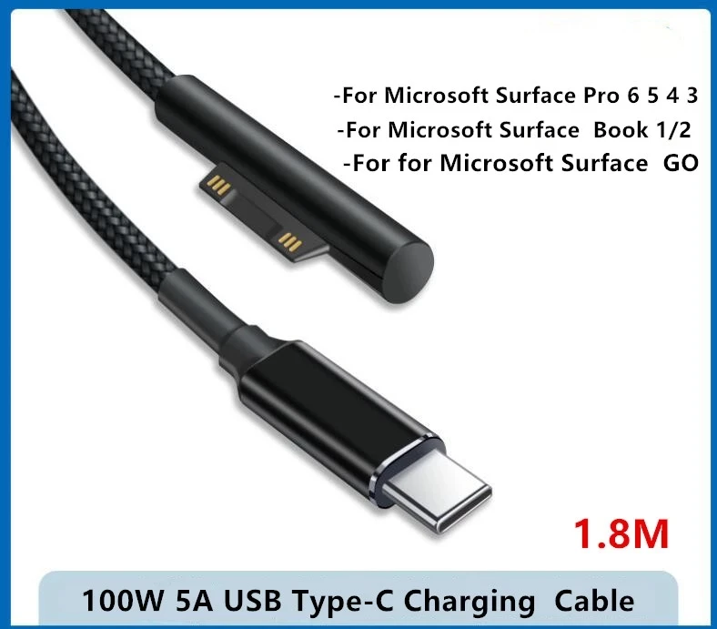 For Microsoft Surface Pro 4 6 5 3 go Charger Power Supply Type C DC PD Fast Charging Cable 100W 5A For Surface Pro 3/4/5/6/GO