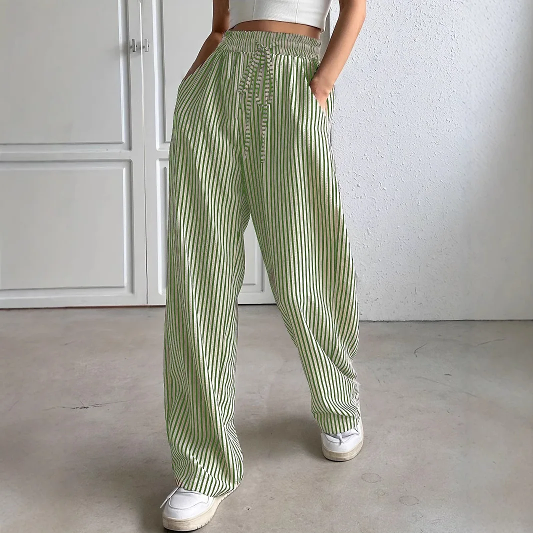Women's Striped Wide Leg Pants Elastic Drawstring Waist Loose Casual Pants Summer Lightweight Straight Leg Wide Leg Pants