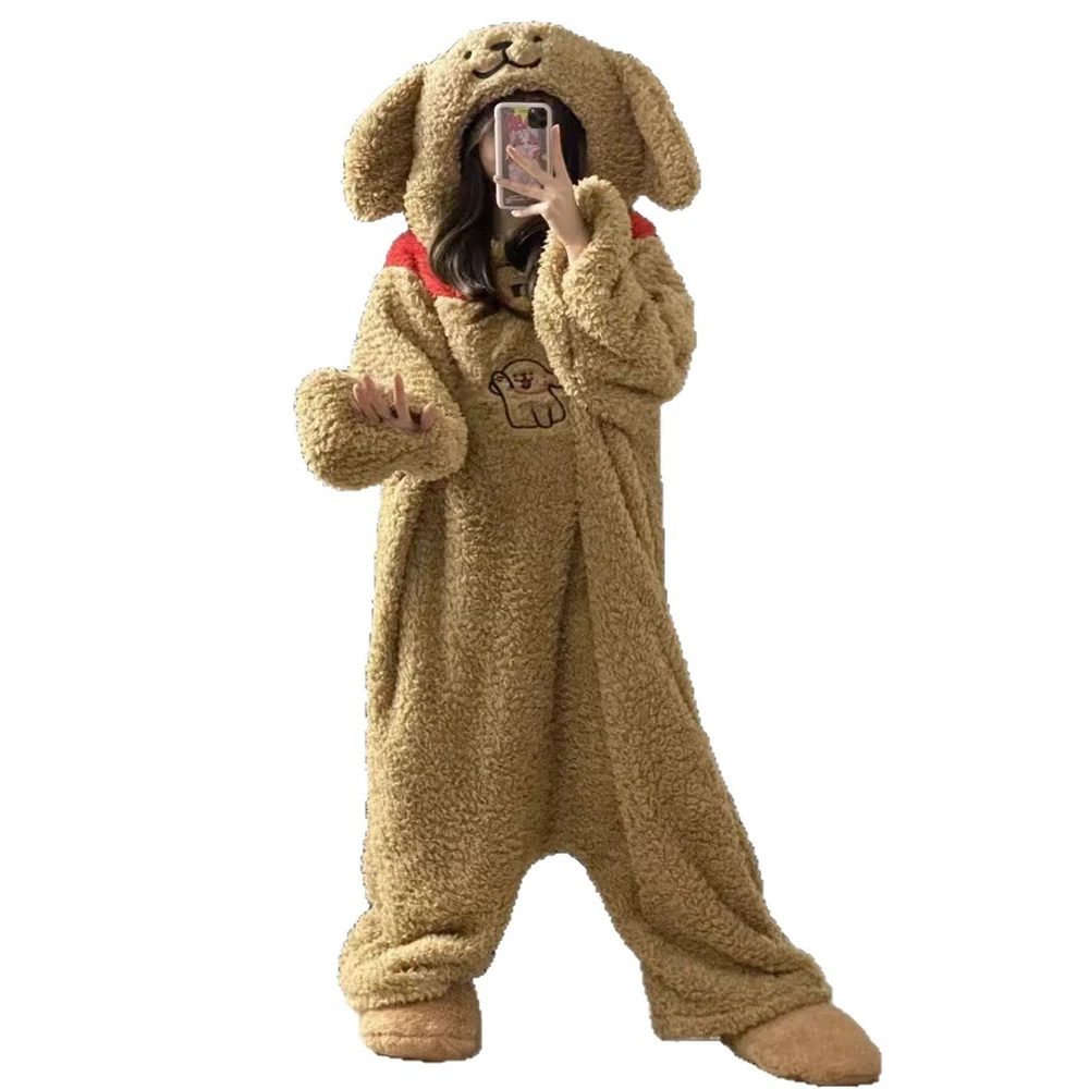 

Цельный костюм с милой собакой, зимний толстый пижамный комплект, коралловый флис, унисекс, комбинезон для взрослых, пижамы с животными, одежда для сна для косплея на Хэллоуин
