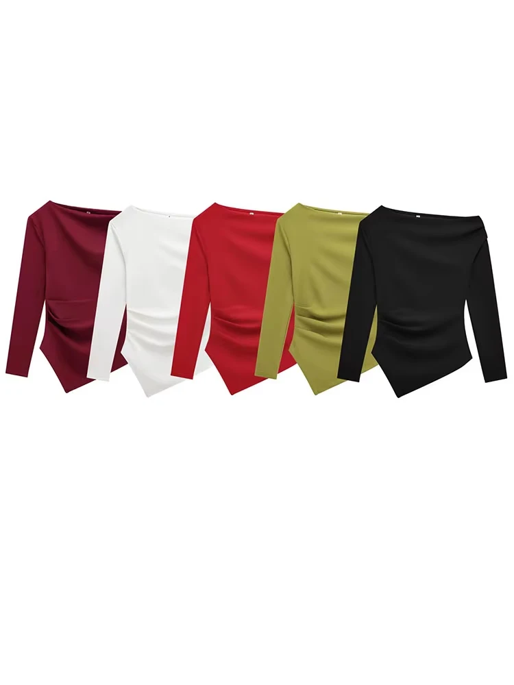 HH Women Fashion Solid 5-Color Asymmetrical Slant Collar Tops Female Spring Pleated Decoration Casual Slim Elasticity Top