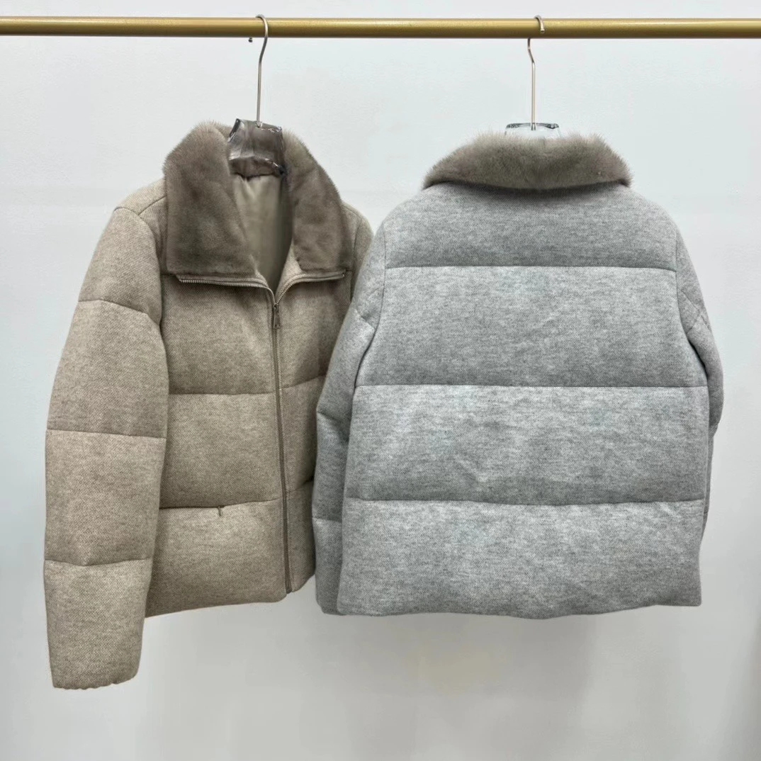 New Light Luxury Mink Fur Collar Goose Down Jacket For Women Drawstring Waist Short Stand Collar Fur Coat For Warmth