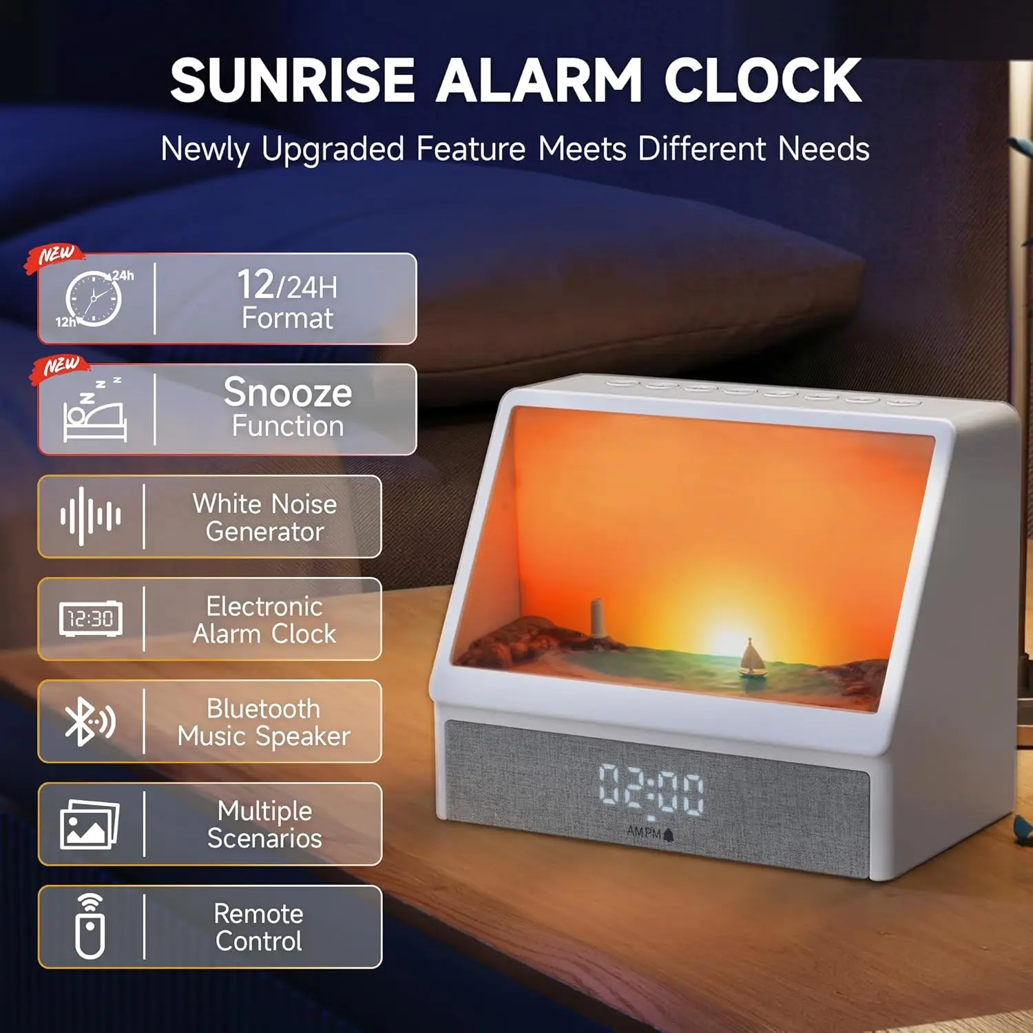 Sunrise Wake Up Light Alarm Clock 12 Soothing Sounds Snooze 12/24H Display Power Adapter Gift For Teens Adults Father's Day