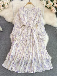 Spring Autumn Floral Gentle Fairy Dress Short Round Neck Bubble Long Sleeve Pleated Waist Thin A-line Vestidos Women D1441