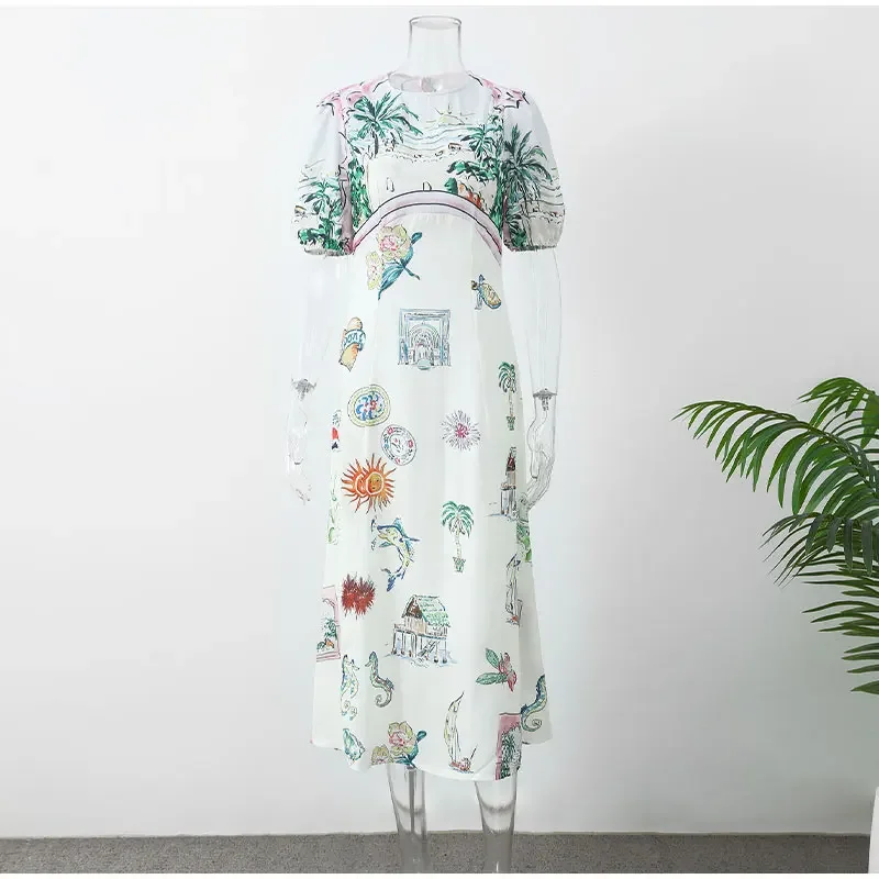 Holiday Casual Print Empire Waist Long Dress 2024 NEW Summer Short Sleeve Comfortable Loose Vintage Robe Party Club Vestidos