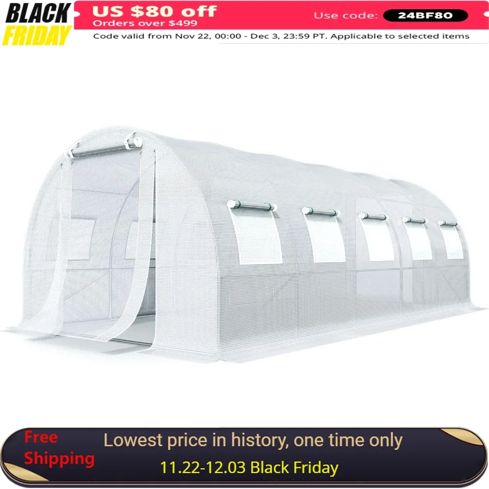 

25x10x6.6 FT Garden Greenhouses, Heavy Duty High Tunnel Green House W/ PE Cover 2 Zipper Screen Doors 24 Stakes, Garden House