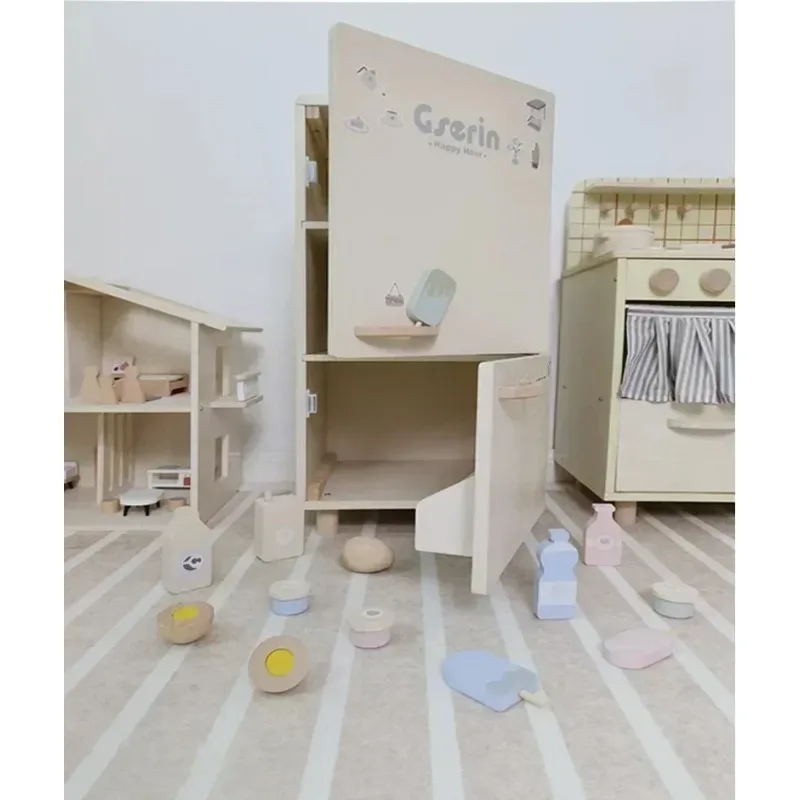 Simuler réfrigérateur maison de jeu jouet autocollant en bois réfrigérateur stockage crème glacée lait oeuf Fruits et jus cadeau interactif