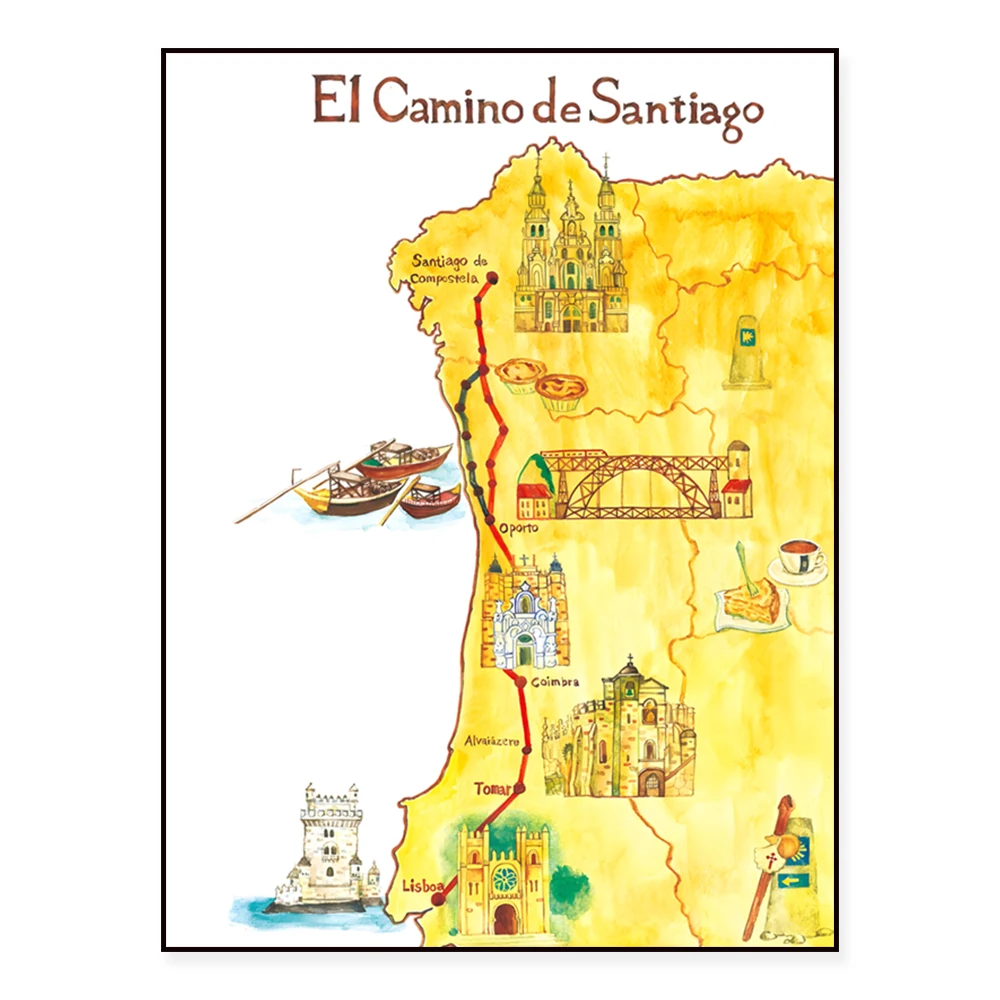 Póster artístico de acuarela "Vía Portuguesa", Santiago Camino, mapa de Santiago de Compostela, Catedral de España, Ventanas de Catedral,