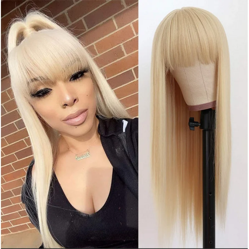 

New Wig European and American Ladies Fashion Synthetic Wigs Light Golden Bangs Long Straight Hair in Stock Direct Selling