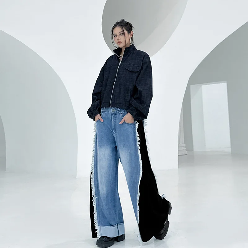 النساء تقسم الجينز سراويل جينز بنطال ذو قصة أرجل واسعة شرابة كامل طول عالية الخصر سستة فضفاضة Y2k الشارع الشهير عادية خريف 2025